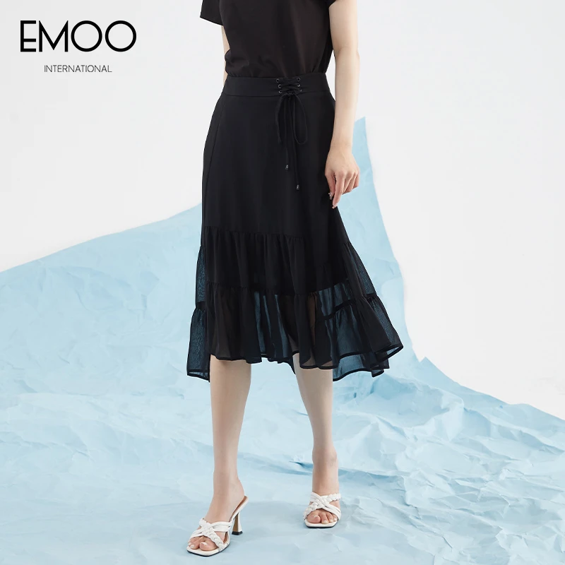 EMOO/杨门黑色夏季高腰半裙显瘦气质时尚常规中长款E22C013681