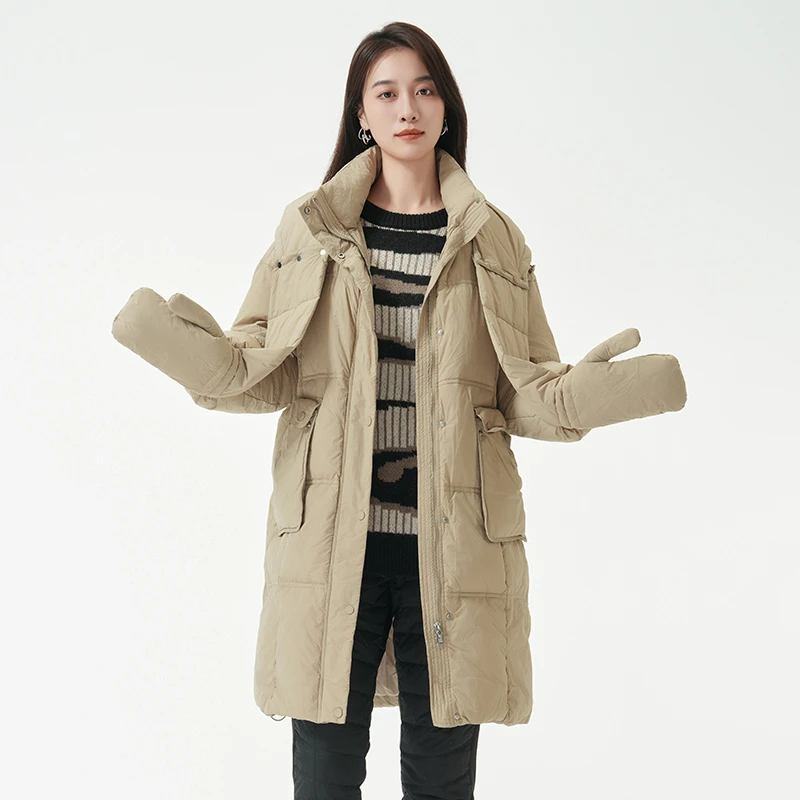 EMOO/杨门连帽羽绒服女中长款纯色羽绒衣围巾领外套E43Y039435