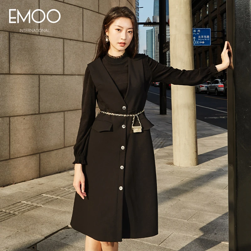 EMOO/杨门无袖连衣裙女气质收腰显瘦秋冬修身时尚黑色E41L013272