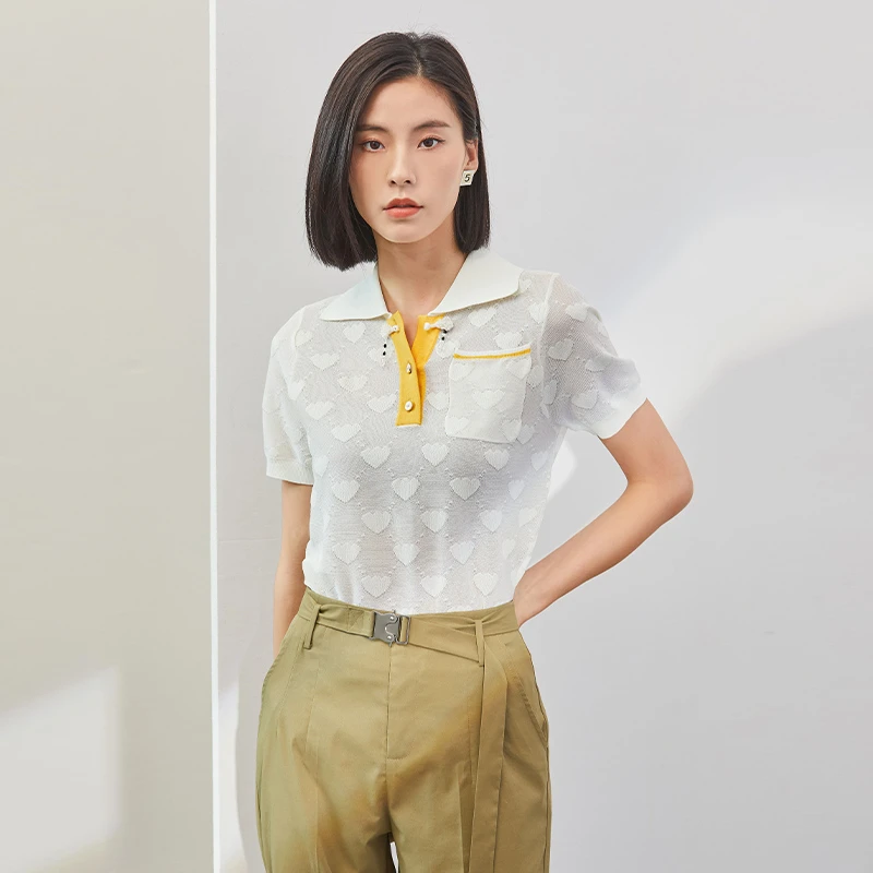 EMOO/杨门短袖针织上衣女白色POLO领透气印花翻领T恤E23A031143
