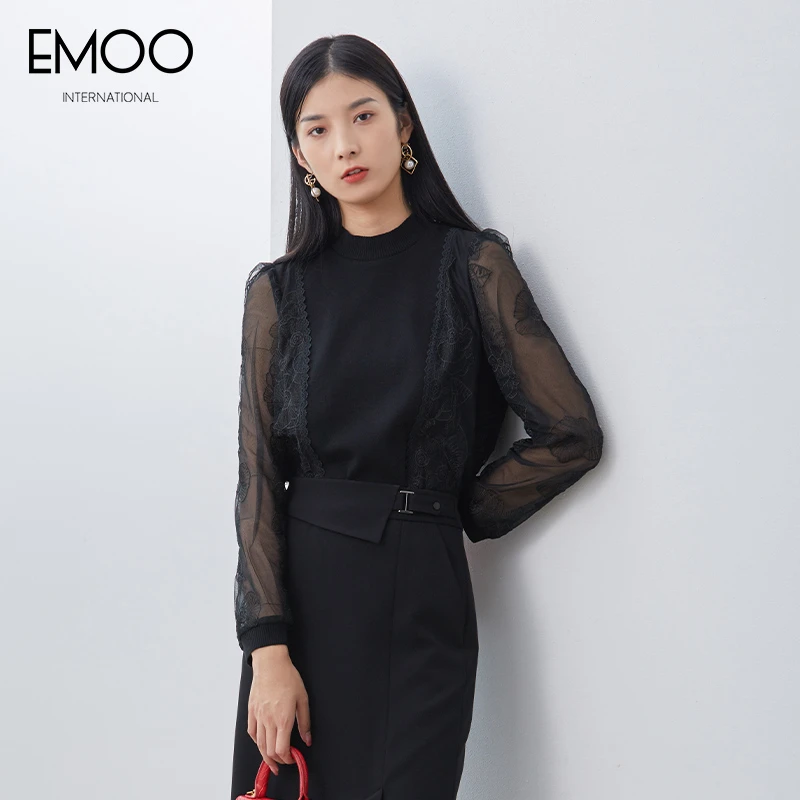 EMOO/杨门黑色长袖套头小衫百搭时尚气质拼接蕾丝打底E12T033088