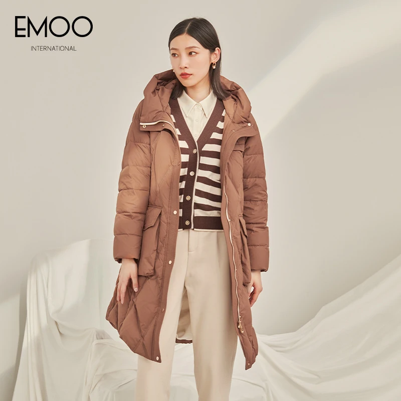 EMOO/杨门时尚连帽羽绒服女宽松拉链开衫中长款白鸭绒E42Y039393