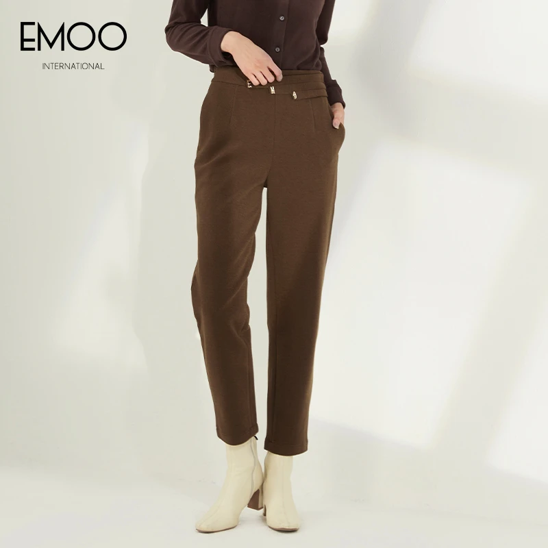 EMOO/杨门显瘦时尚哈伦裤休闲冬不规则腰头咖色毛呢裤E42B073356