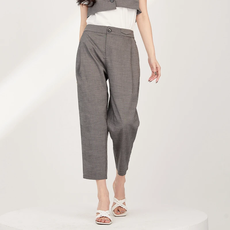 EMOO/杨门休闲裤女高腰哈伦裤2024夏季新款九分裤通勤E23B073089