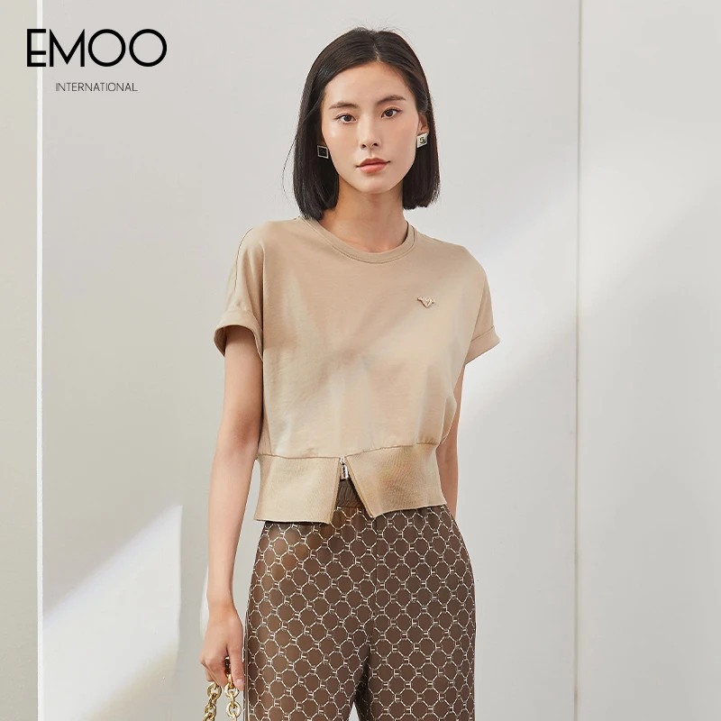 EMOO/杨门夏季短袖套头T恤纯棉时尚圆领休闲上衣纯色E23X022181