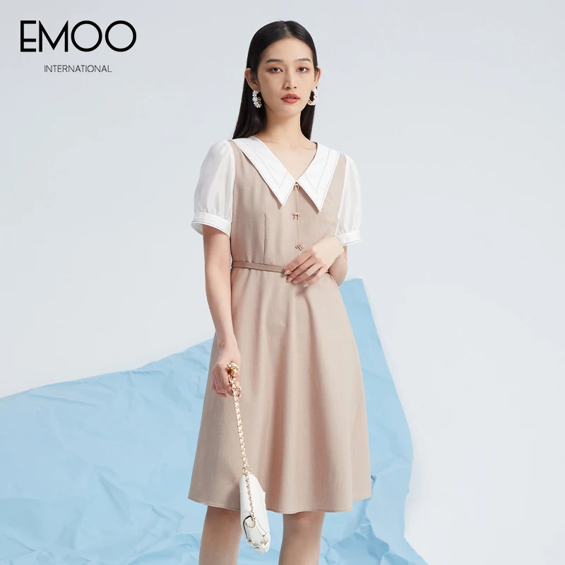 EMOO/杨门卡其色春夏超显瘦连衣裙泡泡袖收腰显瘦气质E22L023645