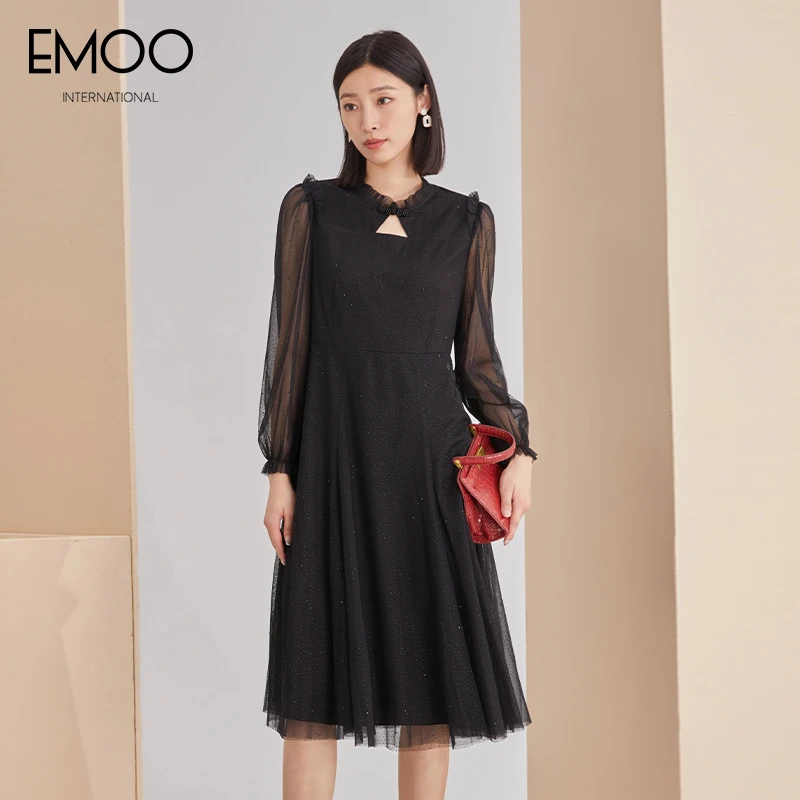 EMOO/杨门秋新款黑色蕾丝长袖连衣裙优雅气质收腰显瘦E32L033143