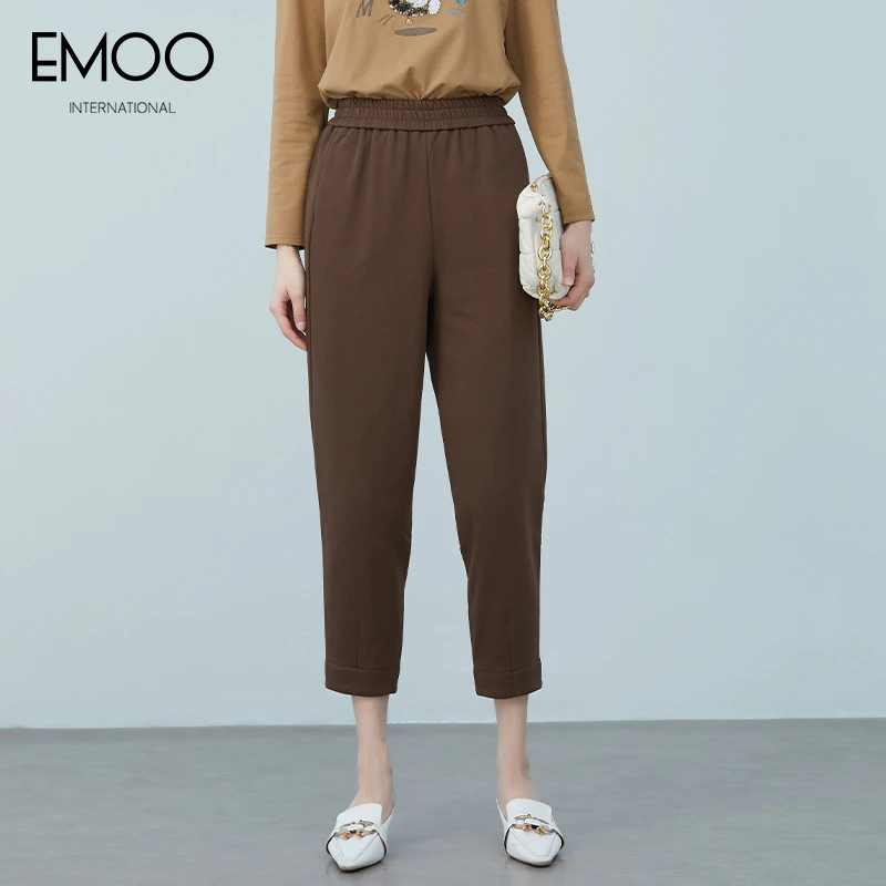 EMOO/杨门松紧腰咖啡色哈伦裤休闲宽松时尚百搭显瘦E12B072415