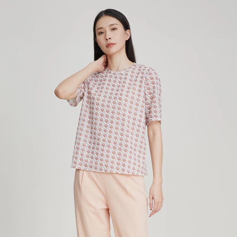 EMOO/杨门短袖T恤女花色套头上衣圆领2024春季新款E13X022502