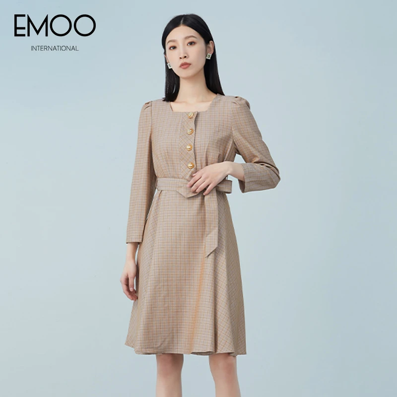 EMOO/杨门格子长袖连衣裙收腰复古气质显瘦春季小香风E12L033181