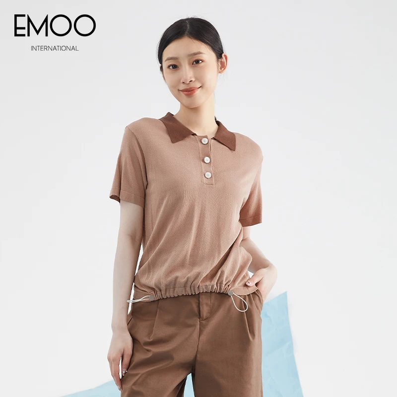 EMOO/杨门焦糖色短袖套头毛衫夏季翻领休闲百搭上衣E22A031137