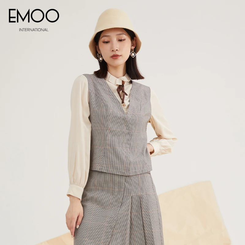 EMOO杨门套装时尚通勤针织气质格子马甲假两件套衬衫女E31T033411