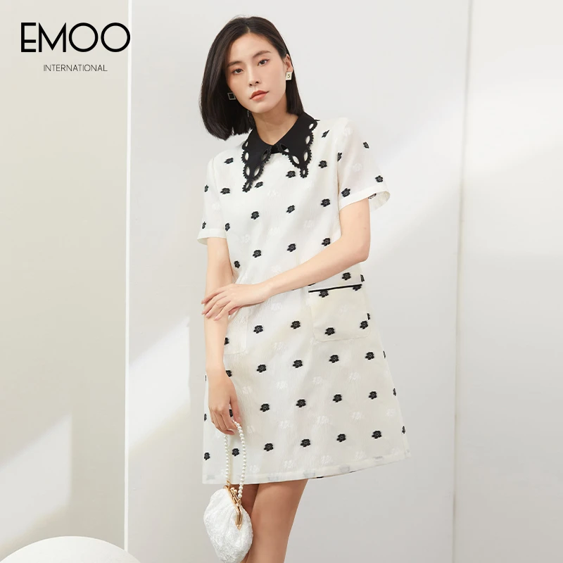 EMOO/杨门女装连衣裙白色夏季印花娃娃领短袖裙中长款E23L023074