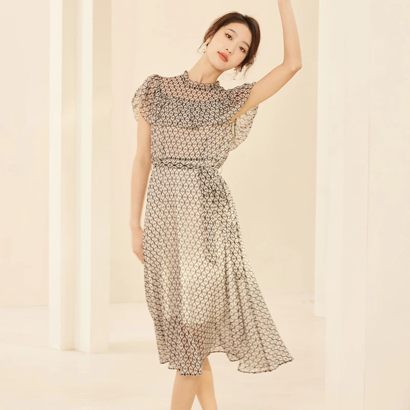 EMOO/杨门女装连衣裙碎花收腰设计师印花雪纺裙夏季E23L026452