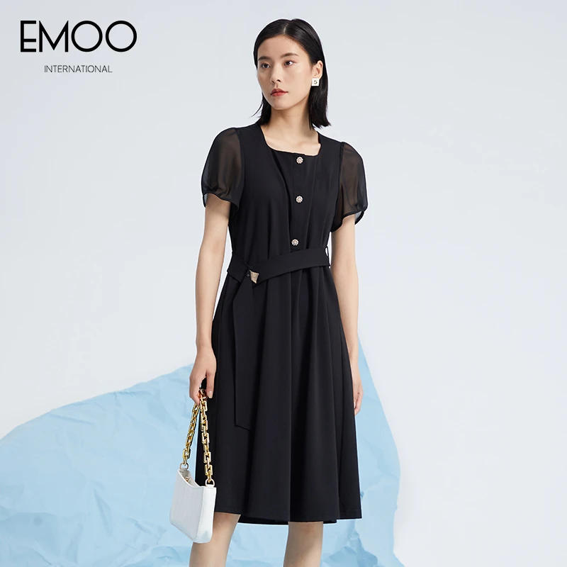 EMOO/杨门黑色春夏超显瘦连衣裙收腰泡泡袖时尚气质E22L023648