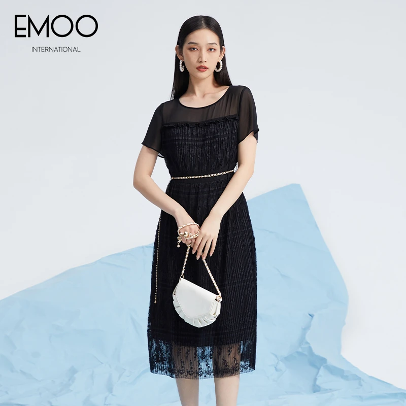 EMOO/杨门黑色短袖连衣裙夏季圆领优雅气质时尚显瘦E22L020570