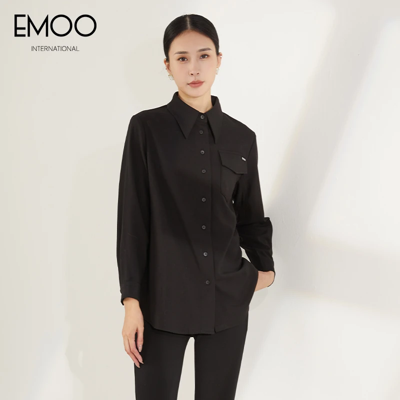 EMOO/杨门长袖衬衫女黑色2023冬装新款衬衣打底衣纯色E42H013390