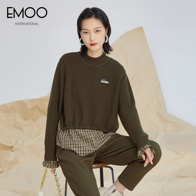 EMOO/杨门秋新款拼色秋冬时尚休闲百搭拼接长袖套头衫E32T013390