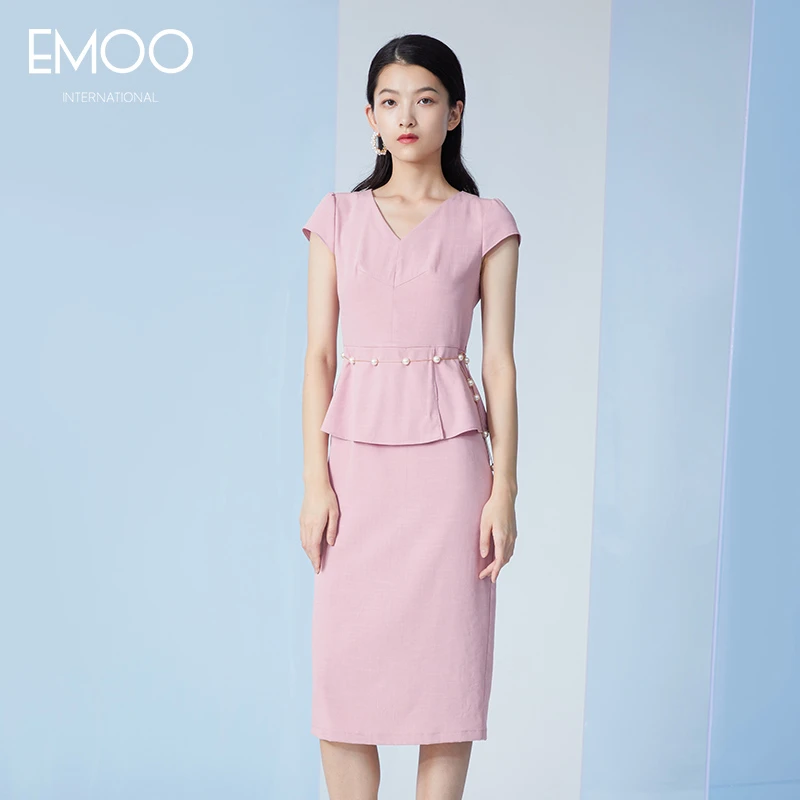 EMOO/杨门胭脂粉短袖连衣裙夏季气质时尚女神一步裙E21L023054