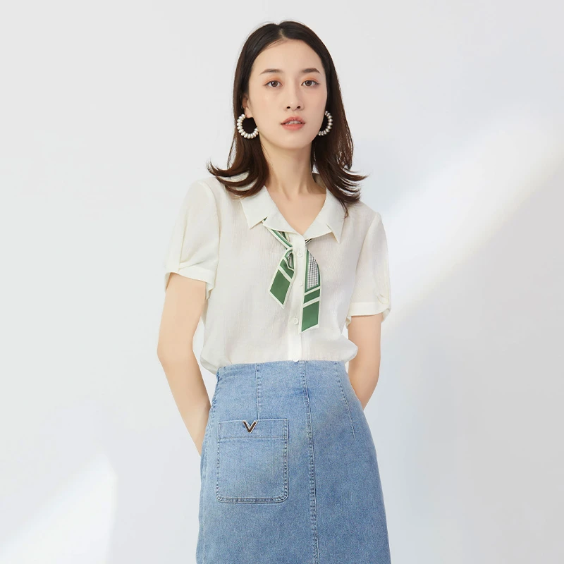 EMOO/杨门短袖衬衫女白色开衫2024夏季新款衬衣百搭E23H023193