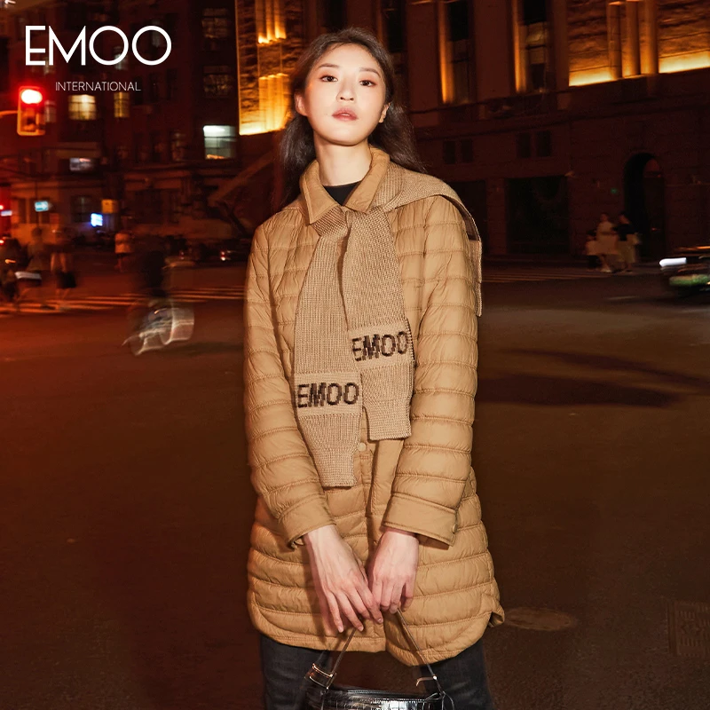 EMOO/杨门驼色长袖中长棉服中长款冬季秋冬女士连帽E41E018033