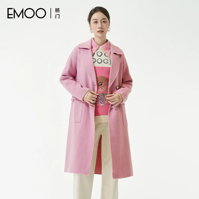 EMOO/杨门时尚粉色毛呢大衣女秋冬季中长款双面呢外套E43D034379