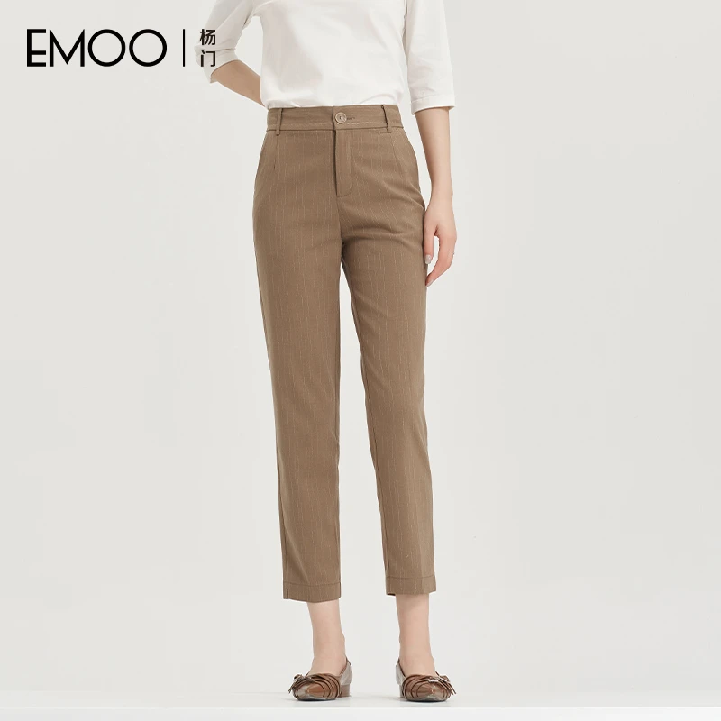 EMOO/杨门高腰休闲裤女纯色裤子外穿百搭通勤修身E33B073153
