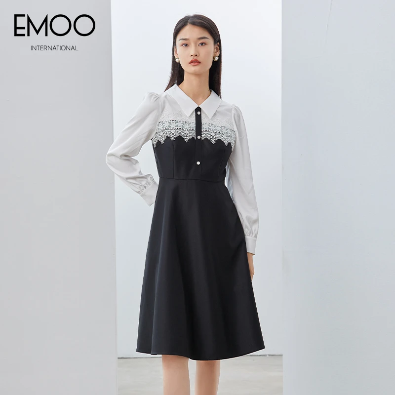 EMOO/杨门显瘦气质设计感拼接收腰法式拼色长袖连衣裙E12L033463