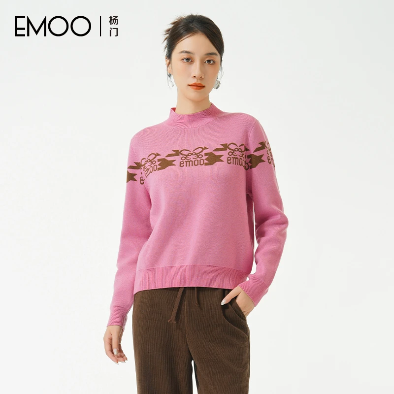 EMOO/杨门圆领套头毛衣女2024提花秋冬粉色圆领毛衣E43A011362