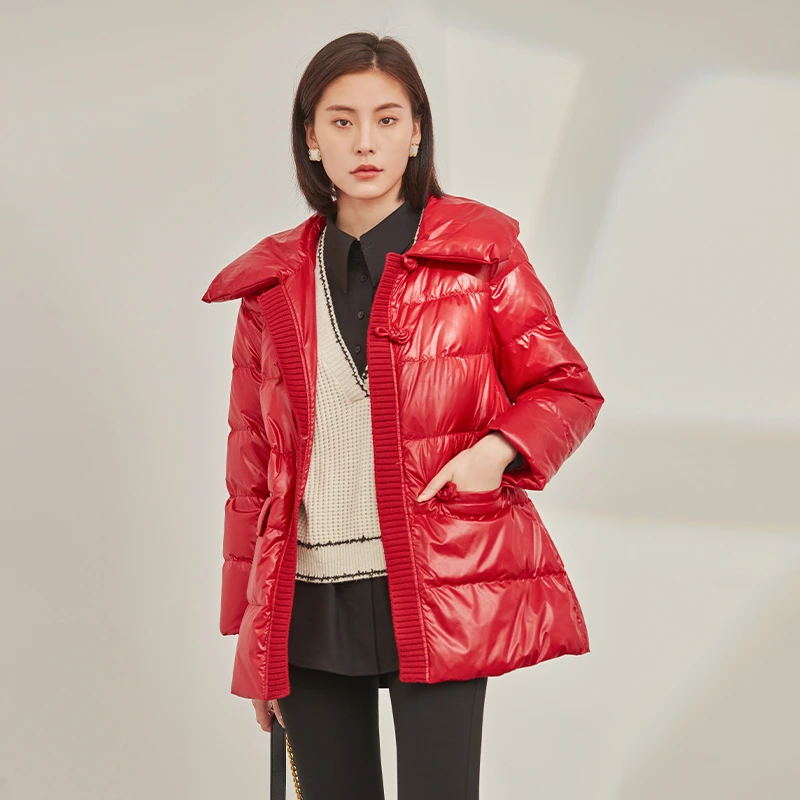 EMOO/杨门红色羽绒外套女亮面2024冬季羽绒衣短外套E42Y019018