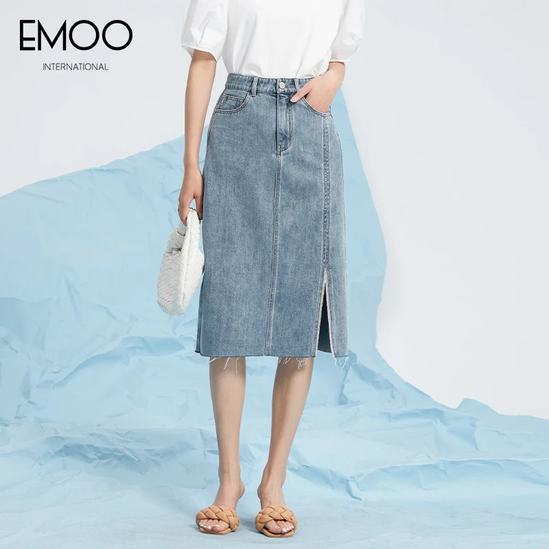 EMOO/杨门高腰夏季中长款开叉时尚蓝色牛仔蓝半身中裙E22C024131