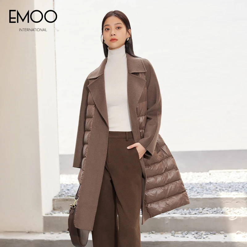 EMOO/咖色羽绒服气质女士百搭时尚毛呢拼接冬季设计师E42W223232