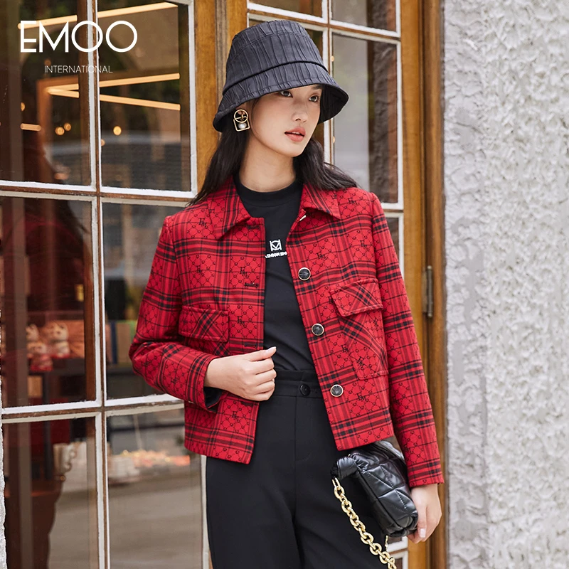EMOO/杨门春季复古格纹休闲时尚小香风格子长袖短外套E12W163107