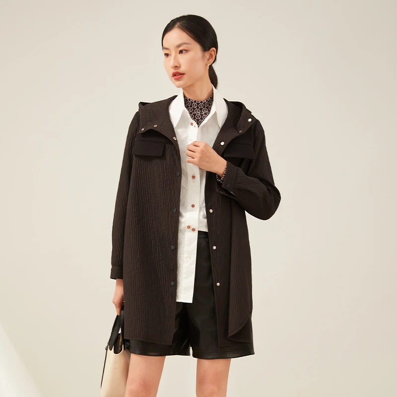 EMOO/杨门连帽风衣外套女黑色长袖外套宽松休闲秋季E33W013503