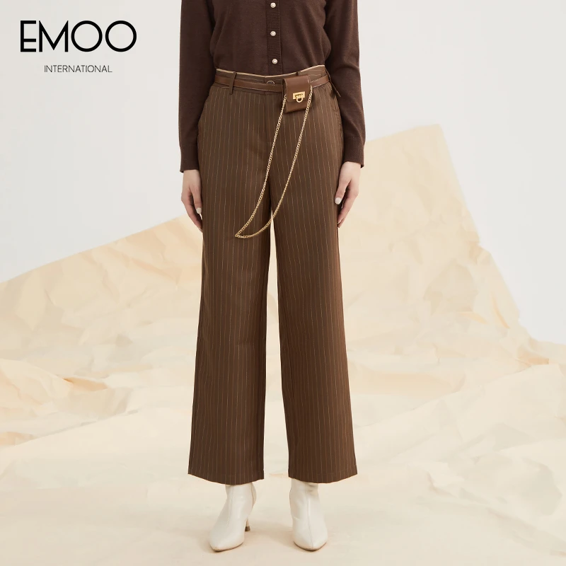 EMOO/杨门宽松显时尚瘦条纹休闲裤女长裤直筒针织裤子E31B013334