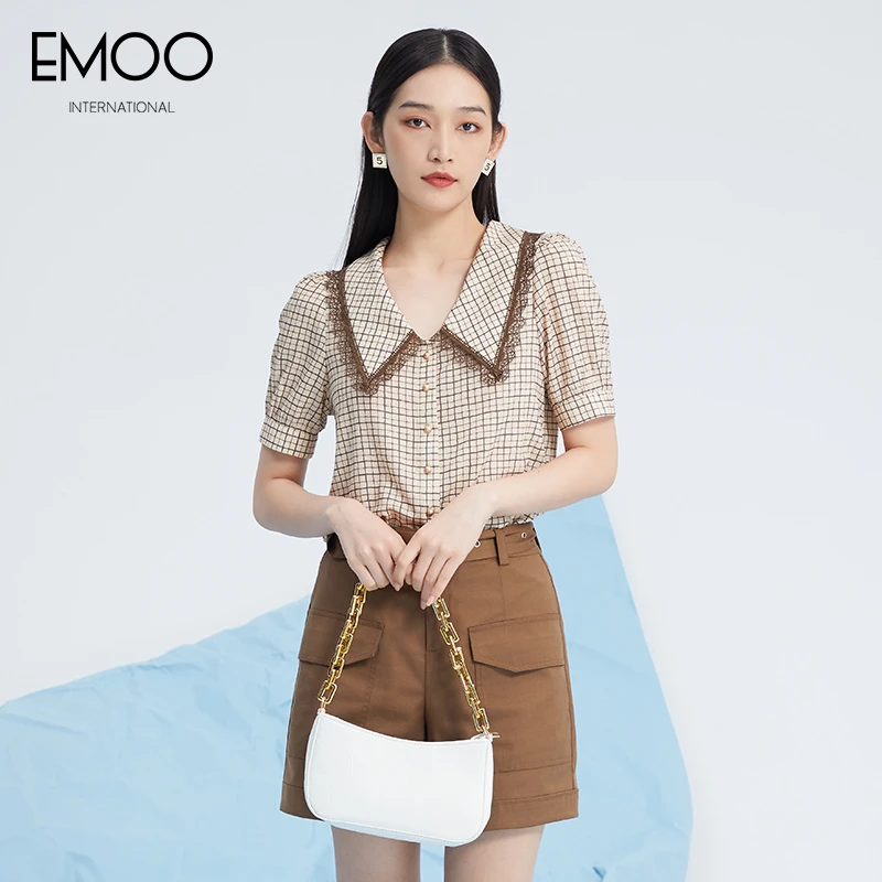 EMOO/杨门格子短袖衬衫夏季小众设计感气质时尚上衣E22H023140