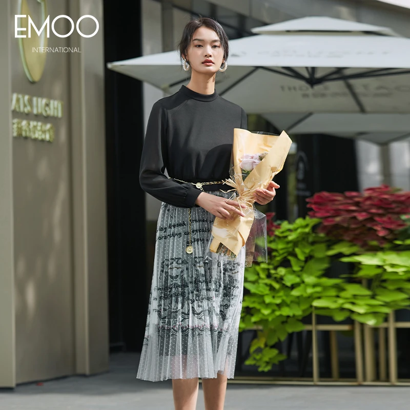 EMOO/杨门复古气质时尚拼接设计师提花黑色长袖连衣裙E12L032467
