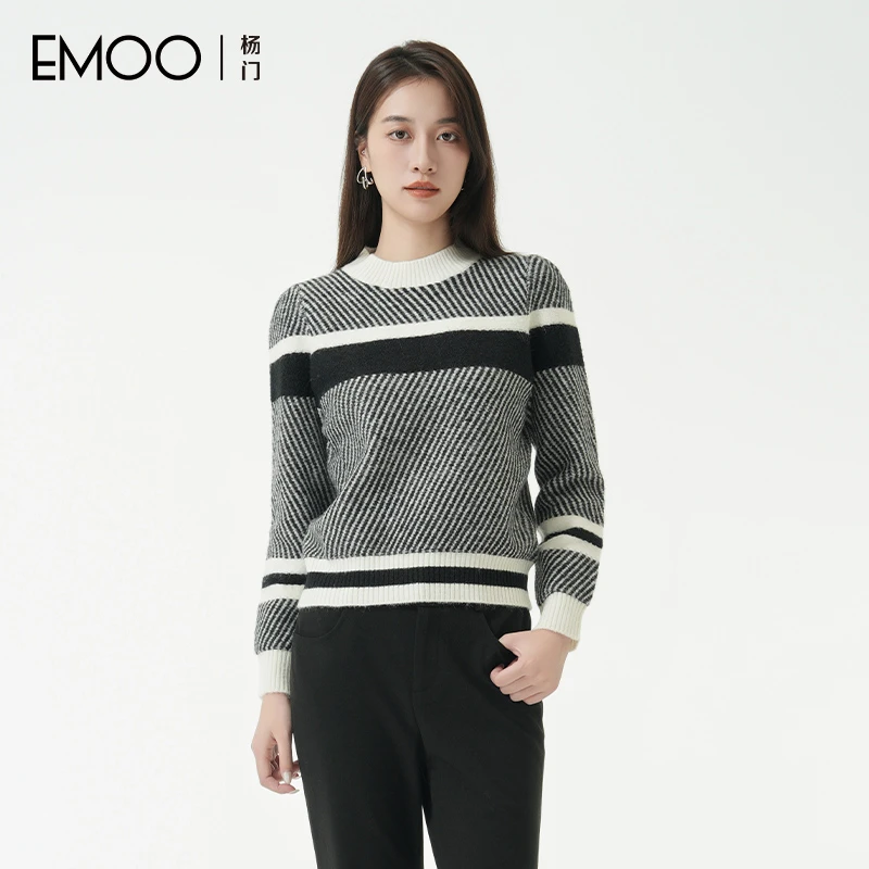EMOO/杨门长袖针织毛衫女提花圆领套头毛衣秋冬新款E43A011438
