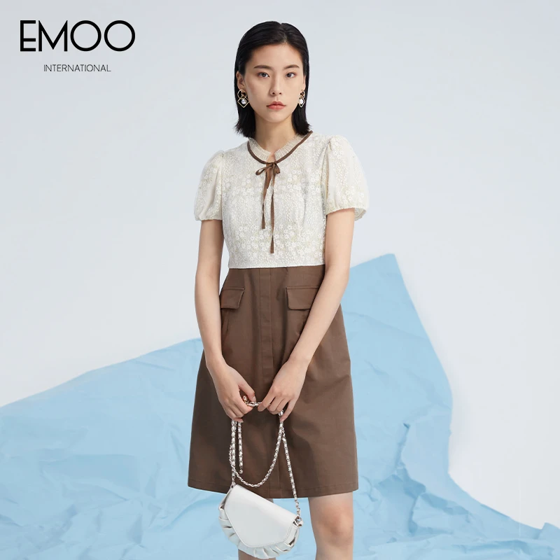 EMOO/杨门圆领优雅通勤连衣裙夏季复古通勤泡泡袖女装E22L020049