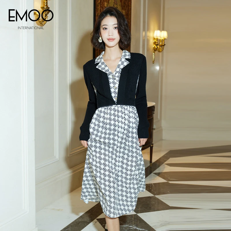 EMOO/杨门拼接连衣裙黑白色2024春季长袖中长裙衬衫领E13L033139