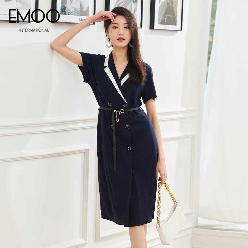 EMOO/杨门藏青色通勤短袖连衣裙夏季翻领收腰气质显瘦E22L022124