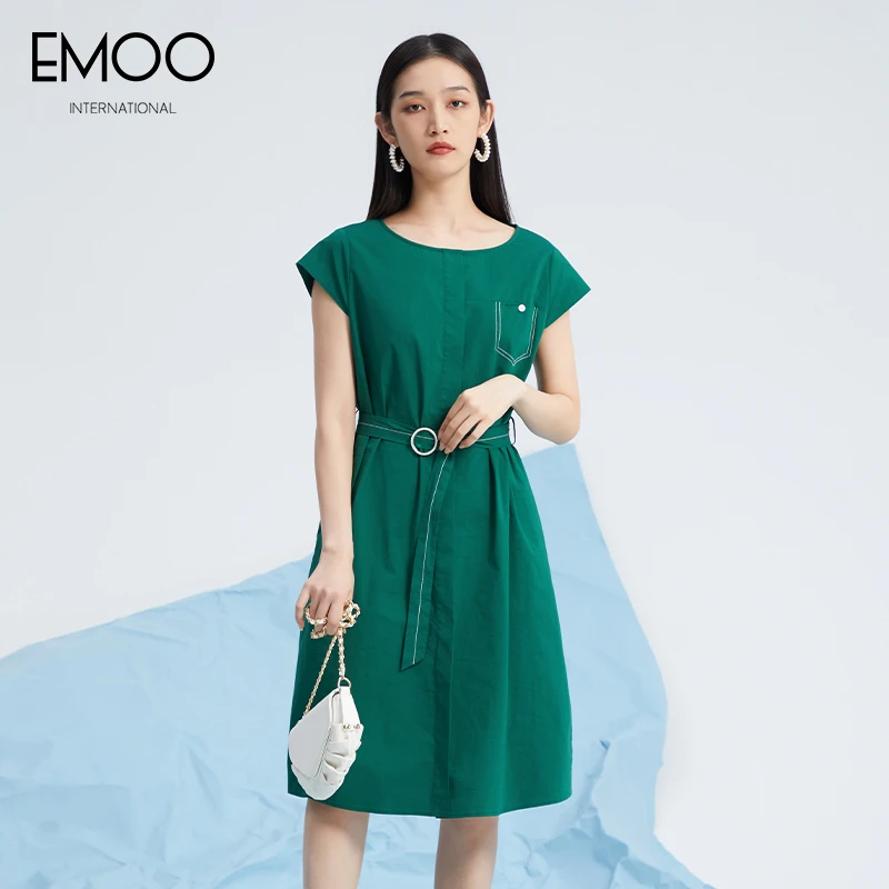 EMOO/杨门绿色短袖圆领收腰显瘦夏季连衣裙时尚气质E22L023630