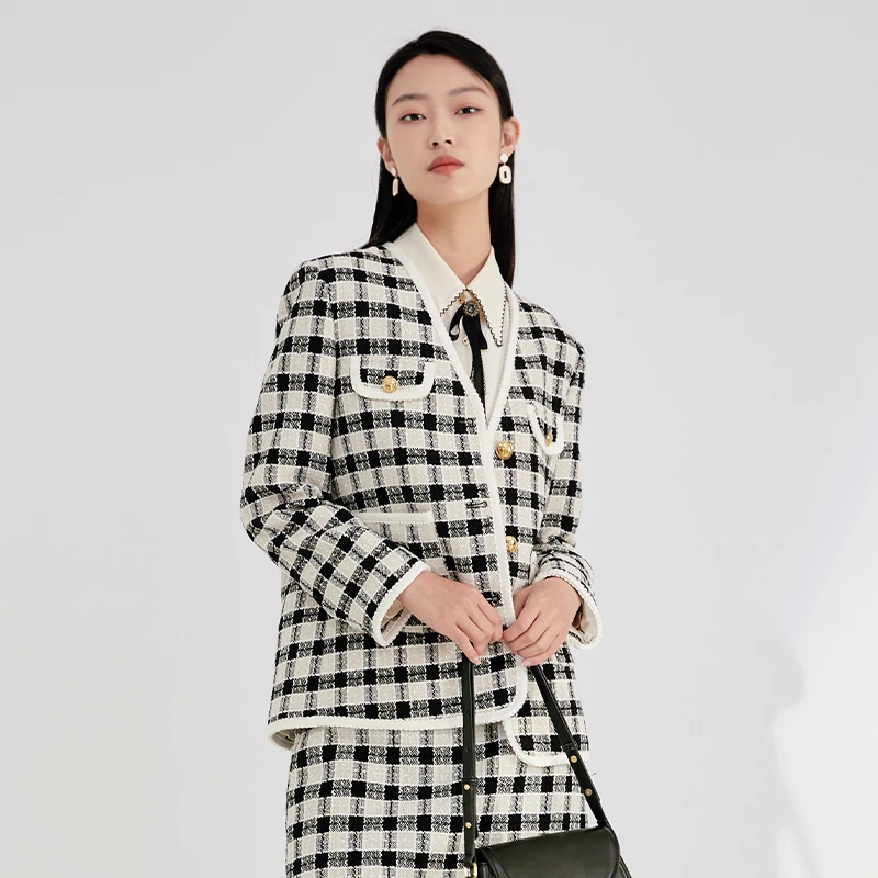 EMOO/杨门小香风短外套女黑白格纹V领上衣外套E43W013051