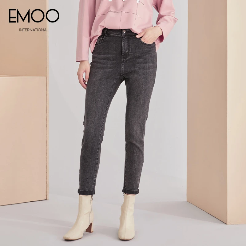 EMOO/杨门秋新款深灰水洗牛仔铅笔裤高腰修身显瘦时尚E32B094287