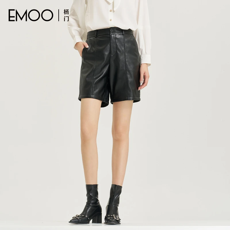 EMOO/杨门纯色复古皮短裤女高腰三分裤秋季简约百搭E33B165525