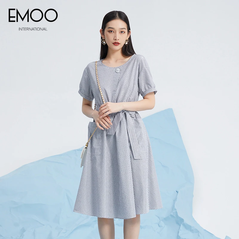 EMOO/杨门格子短袖连衣裙夏季收腰圆领显瘦气质时尚E22L023125