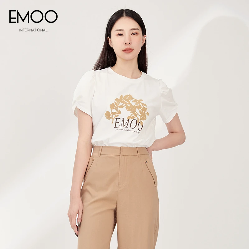 EMOO/杨门白色T恤女2024夏季休闲上衣百搭圆领白色t恤E23X022194