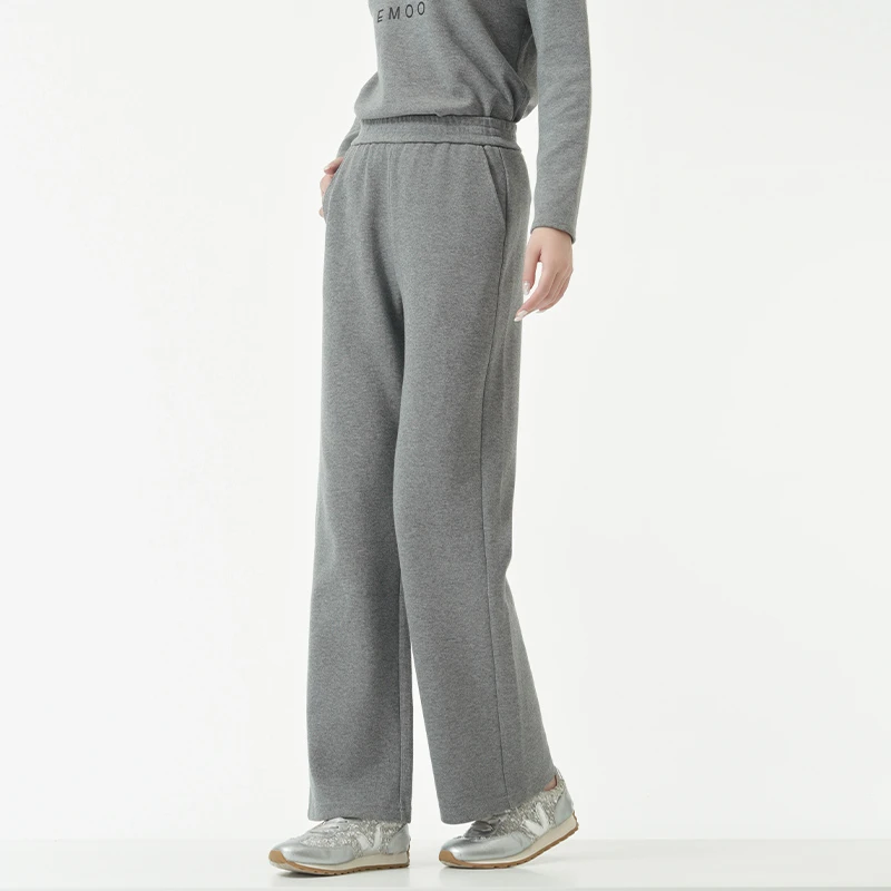 EMOO/杨门灰色休闲长裤女针织运动裤松紧腰直筒长裤E43B013077
