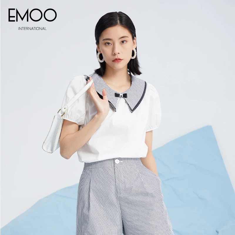 EMOO/杨门白色短袖套头衫夏季娃娃领泡泡袖甜美衬衫E22T023064