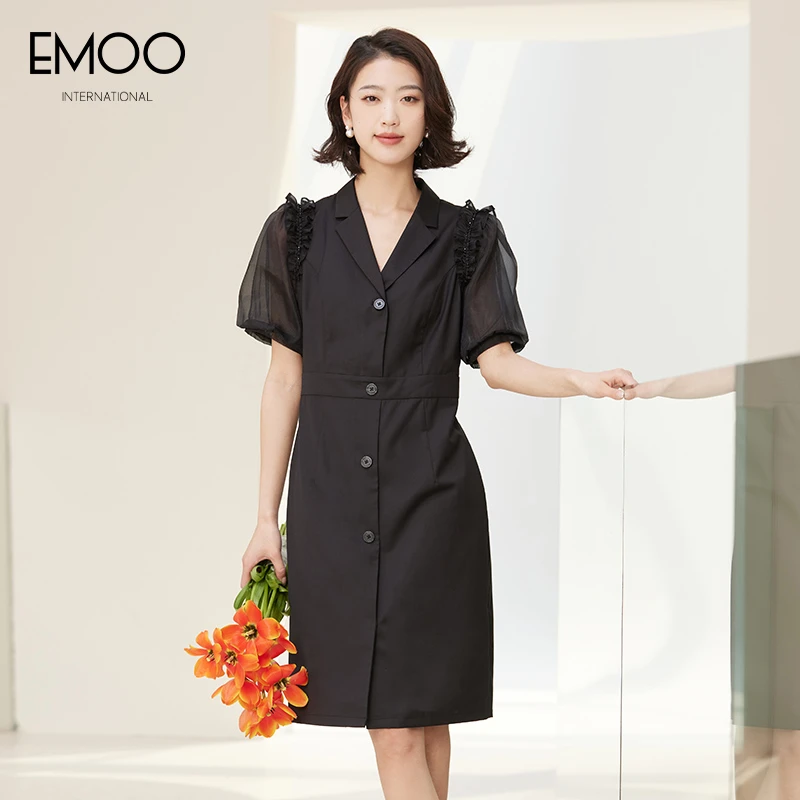 EMOO/杨门女装连衣裙修身泡泡袖夏季通勤黑色收腰裙E23L023104